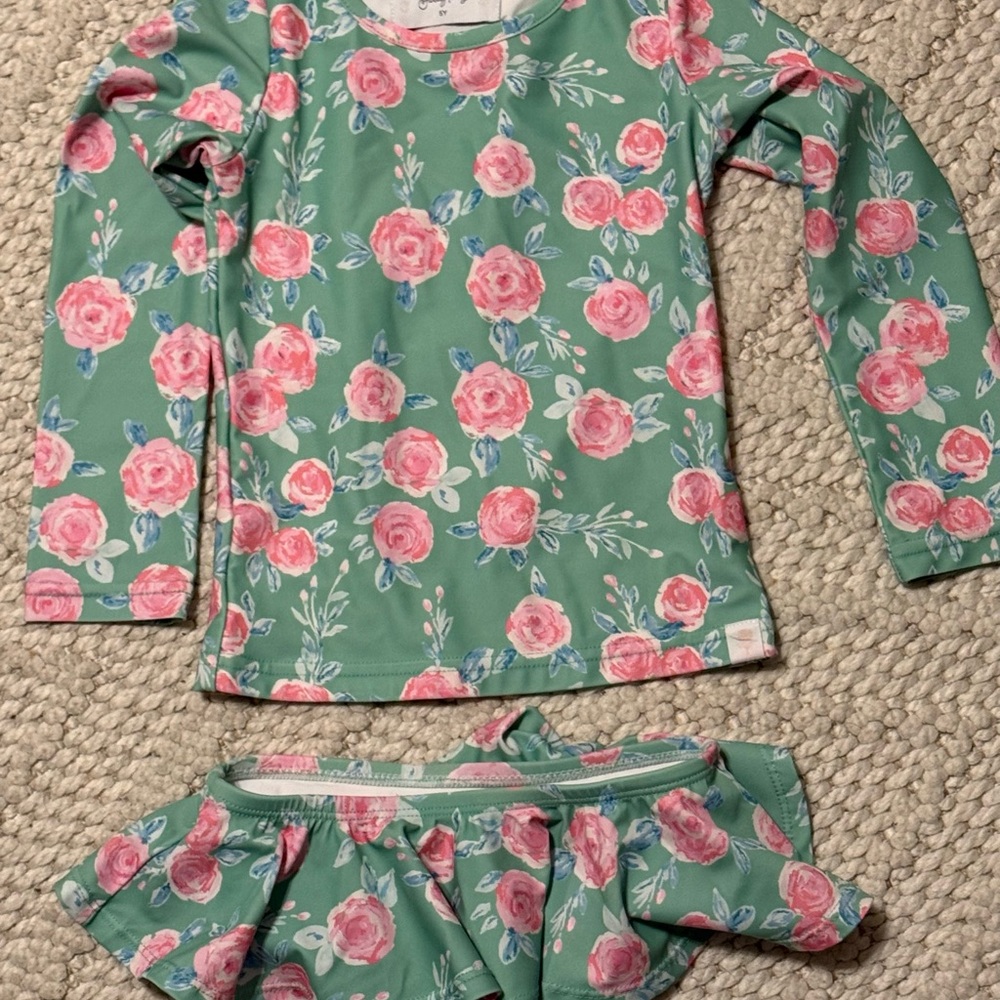 NWOT SweetHoney Floral Kids Swim Set - Green and Pink, size 5